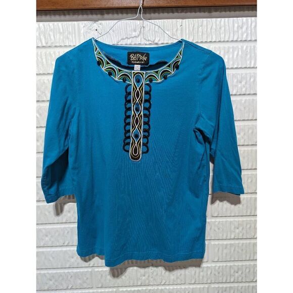 Bob Mackie Women's Teal 3/4 Sleeve Embellished Embroidered Top Size Small - Picture 1 of 6